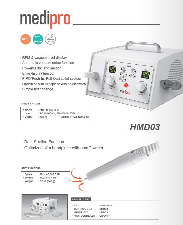 Saeshin Pedicure Drill Machine MediPro 40K RPM Brusheless with built-in vacuum
