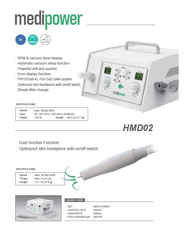 Saeshin Pedicure Drill Machine MediPower 30K RPM with built-in vacuum