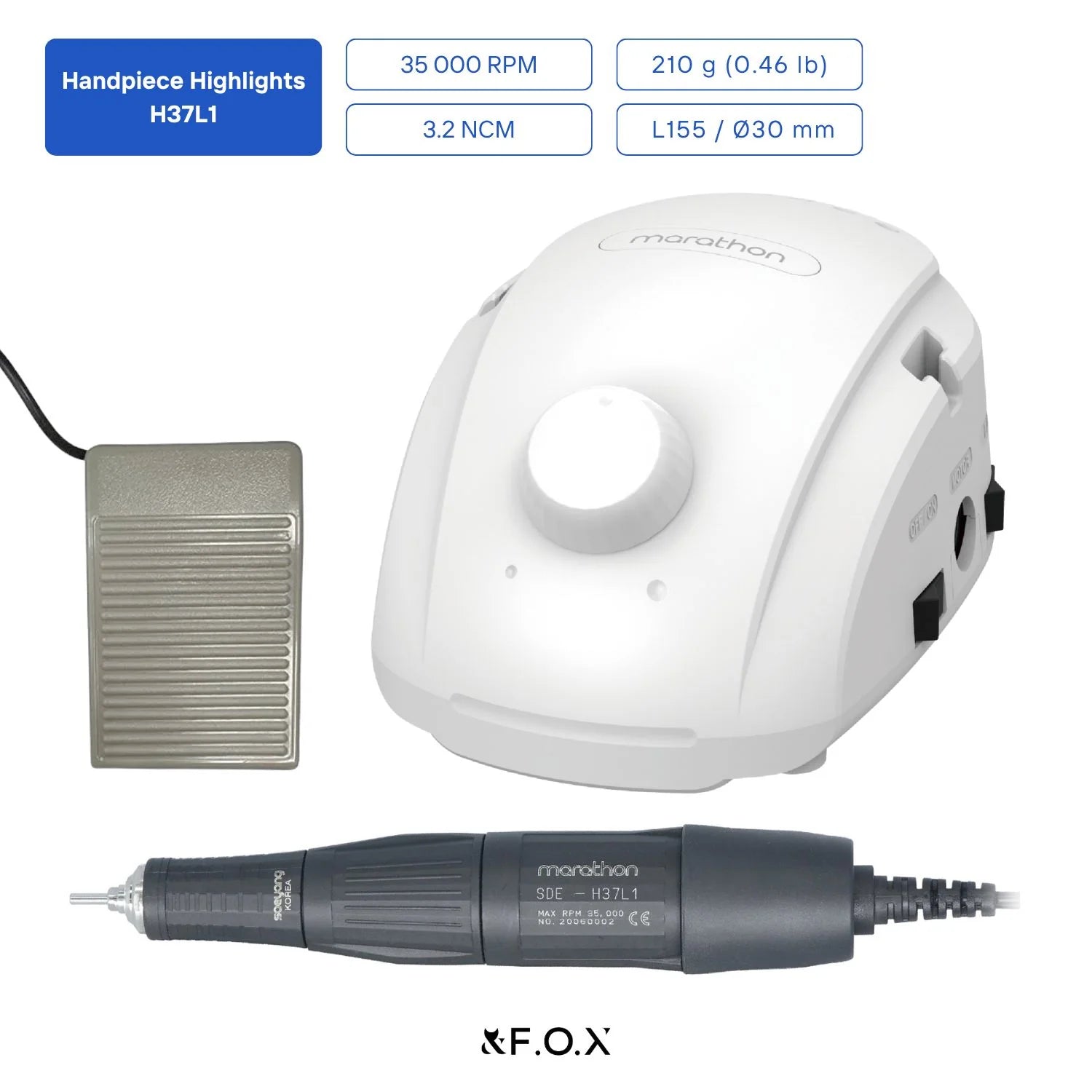 Saeyang Marathon Champion 3 White + H37L1 35k RPM — Original E-File Nail Drill Machine