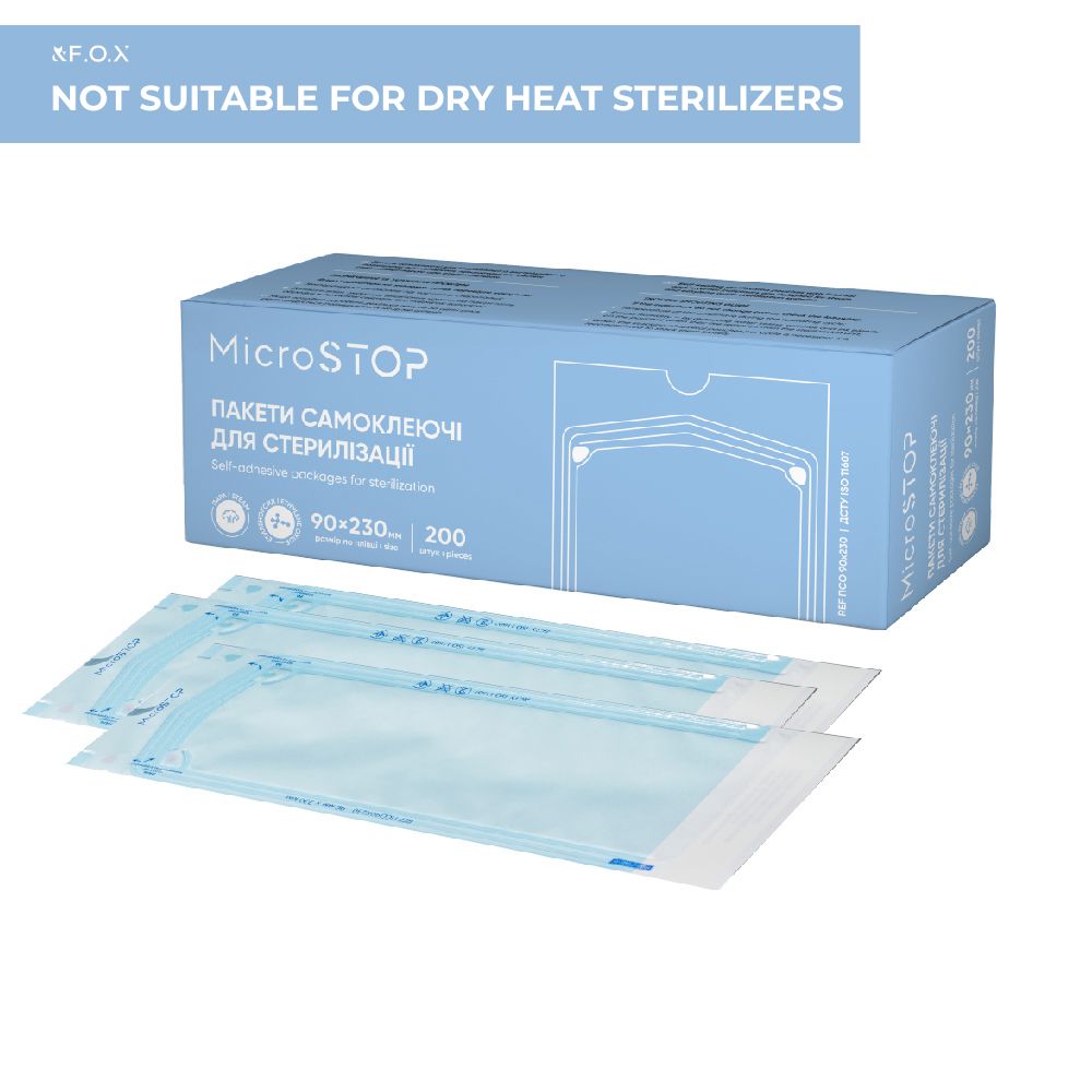 MicroStop self-adhesive pouches for AUTOCLAVE sterilization ONLY, 90x230 mm (200 pcs)