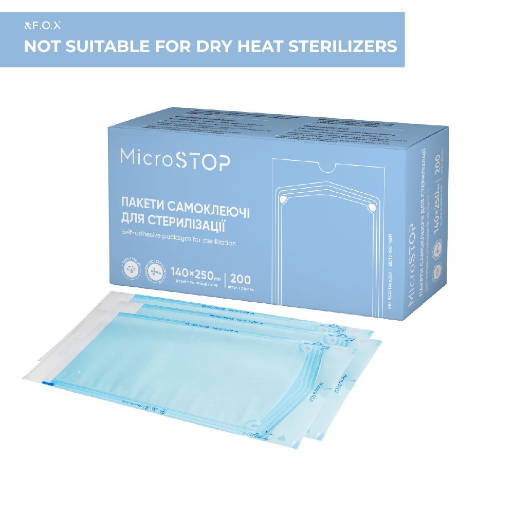 MicroStop self-adhesive pouches for AUTOCLAVE sterilization ONLY, 140x250 mm (200 pcs)